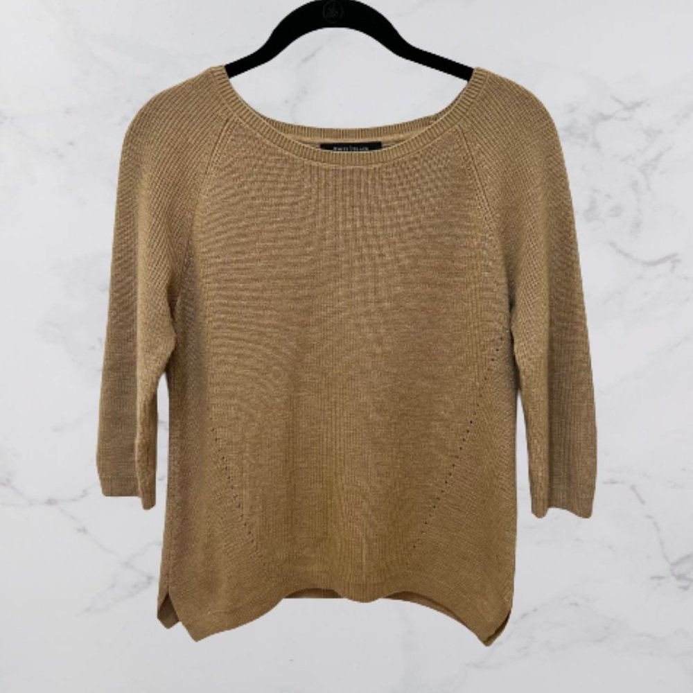 White House Black Market | Tan Ribbed Knit 3/4 Sleeve Crewneck Sweater | XS